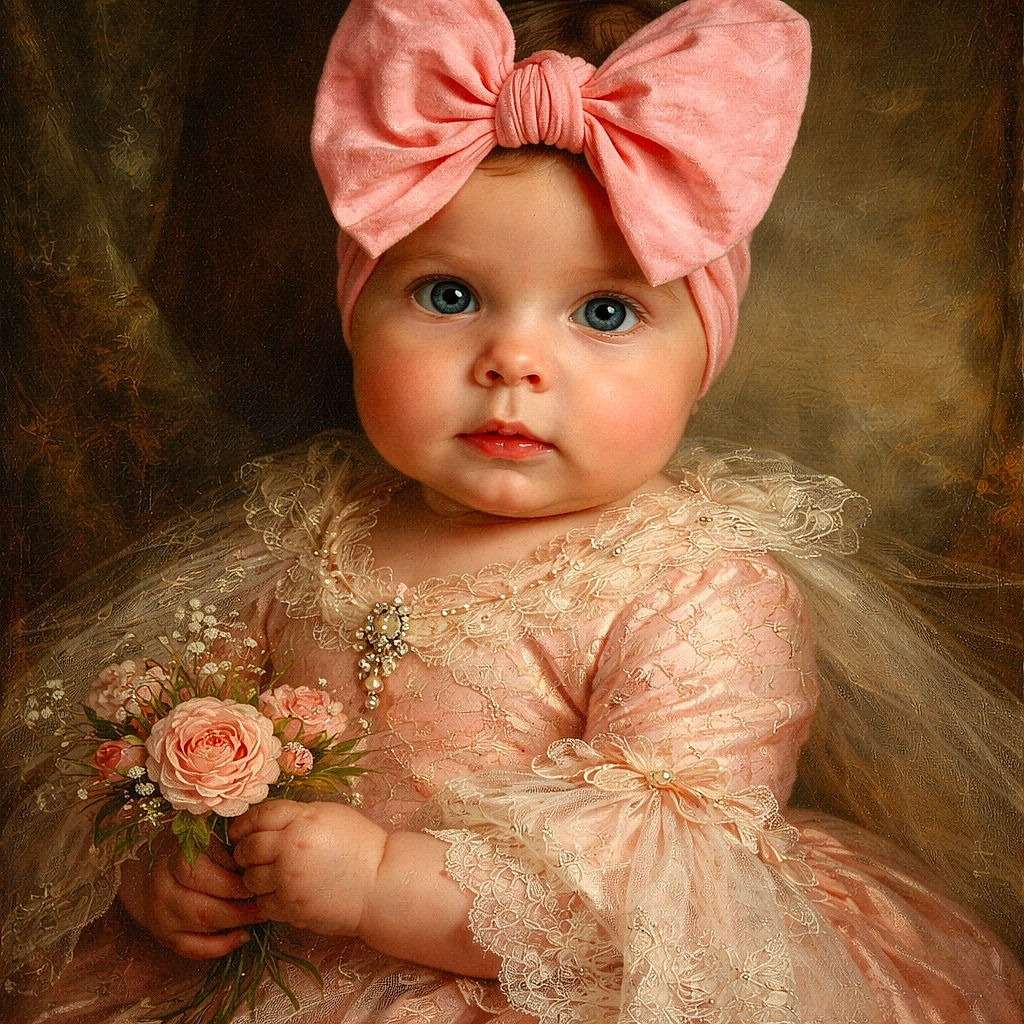 Tiny boss in a gigantic pink bow stares straight into the camera like it's an important meeting — marshmallow cheeks, ribbon-patterned onesie, and a plush sidekick on standby for snack negotiations.