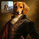 A charming golden-furred dog named Romeo lounges on the back of a cozy couch, gazing thoughtfully at the camera. The soft indoor lighting highlights his silky fur, while a window behind him shows a blurred outdoor staircase. The text 'Romeo' with a heart emoji adds a sweet personal touch to the photo.