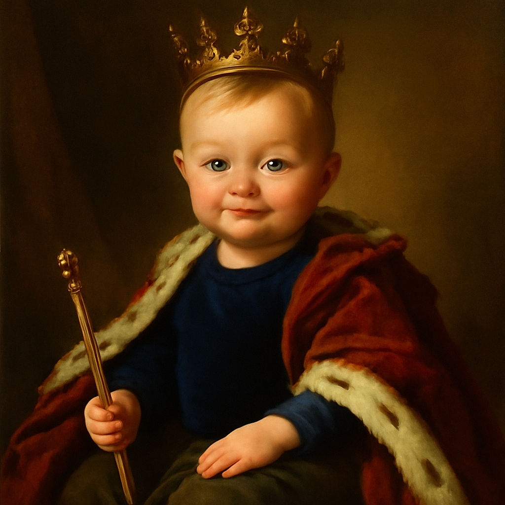 A cute baby with bright blue eyes and a curious smile is sitting up in a crib, clutching a colorful toy and wrapped in a cozy green blanket, with soft lighting and a star-shaped mobile hanging in the background.