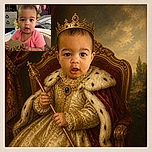 A curious baby sits in a high chair, staring into the camera with the serious expression of a tiny CEO while clutching a milestone sign celebrating several months. Colorful toys and a cozy nursery surround the pint-sized executive.