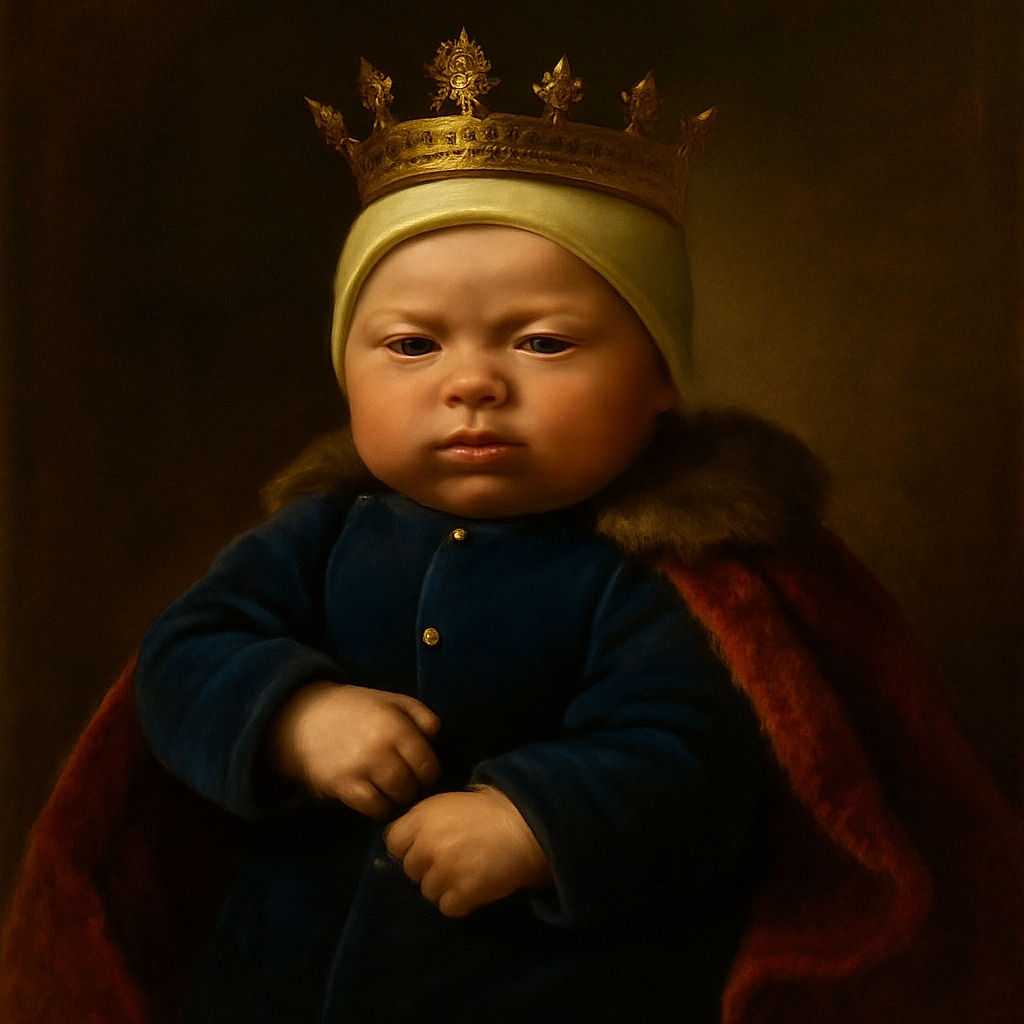 A serious-faced newborn bundled in a cozy navy outfit and white cap, lying on a soft textured blanket with hospital surroundings subtly in the background.