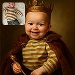 A happy baby lying on a fluffy white rug, wearing a striped brown and cream shirt and cozy corduroy pants, flashing a joyful smile that could brighten anyone's day.