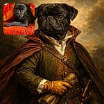 A grumpy little black pug peeks out from a red-orange duvet like it's auditioning for a dramatic soap — huge amber eyes, wrinkled muzzle, and one paw stretched out with maximum sulk. Cozy, photogenic, and slightly offended by the camera.