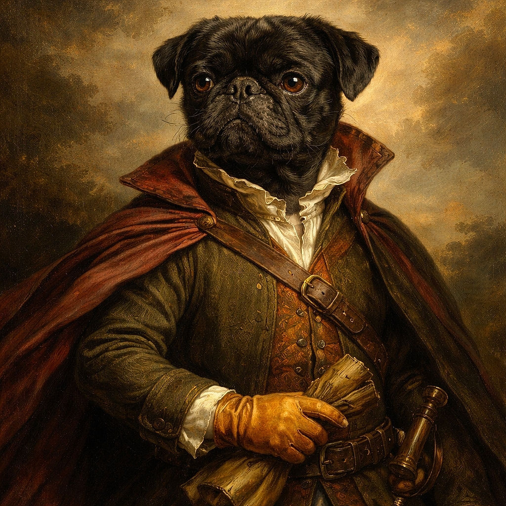 A grumpy little black pug peeks out from a red-orange duvet like it's auditioning for a dramatic soap — huge amber eyes, wrinkled muzzle, and one paw stretched out with maximum sulk. Cozy, photogenic, and slightly offended by the camera.