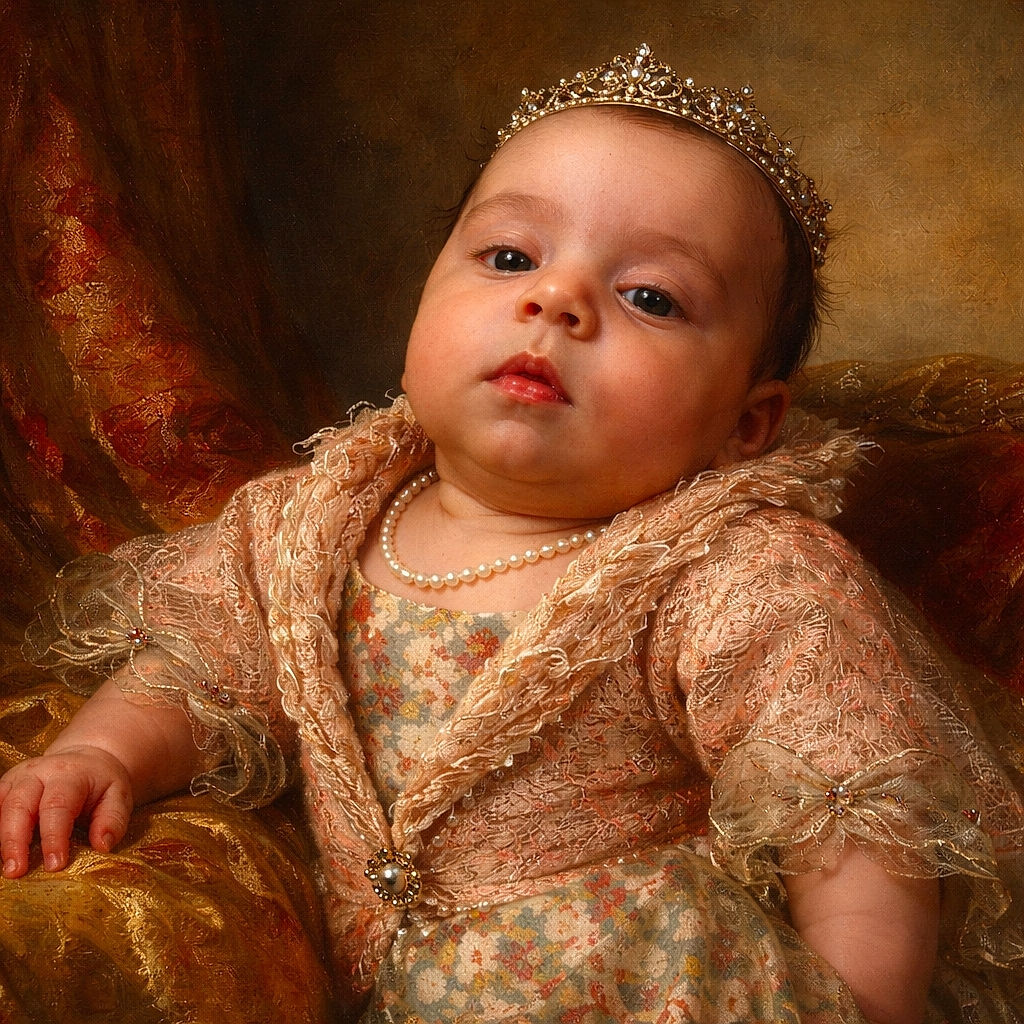 A chubby-cheeked baby wrapped in a cozy peach knit cardigan and floral pants strikes a serious pose, as if pondering the mysteries of the universe while someone holds them up for this adorable close-up.
