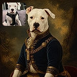 A serious-looking white-and-black dog sits proudly on a sofa in a sleek black harness, staring into the camera like a tiny security guard who has just discovered the household fashion department.
