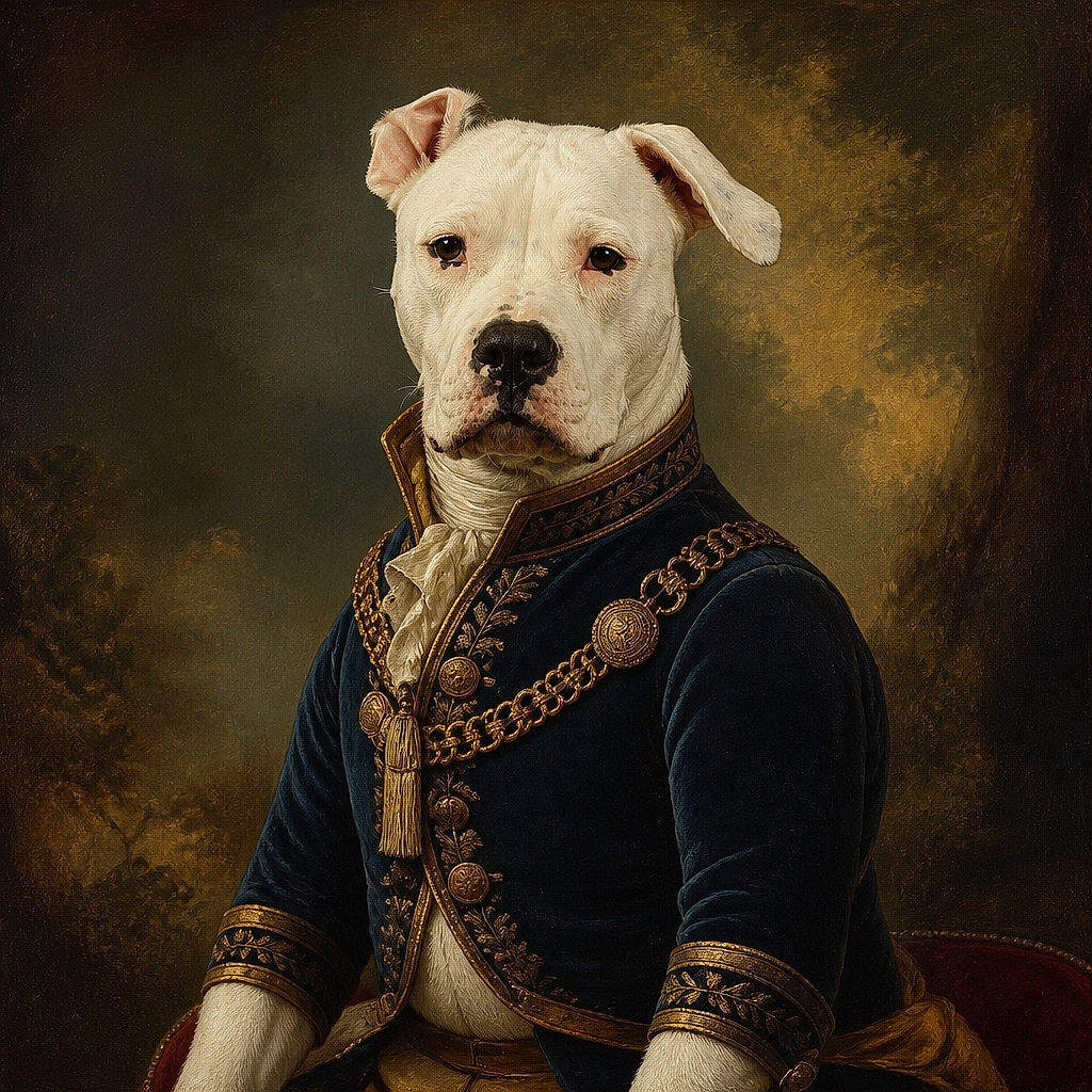 A serious-looking white-and-black dog sits proudly on a sofa in a sleek black harness, staring into the camera like a tiny security guard who has just discovered the household fashion department.
