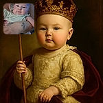 A chubby-cheeked baby is cozily nestled in the arms of an adult with tattoos, looking curiously at the camera with soft lighting and a slightly blurred background.