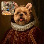 A cozy indoor scene where a fluffy dog wearing a bib and cute ear headband sits at a table with snacks, drinks, and a lit candle in the foreground, while a smiling woman with a tattoo looks on warmly, creating a charming and relaxed atmosphere.