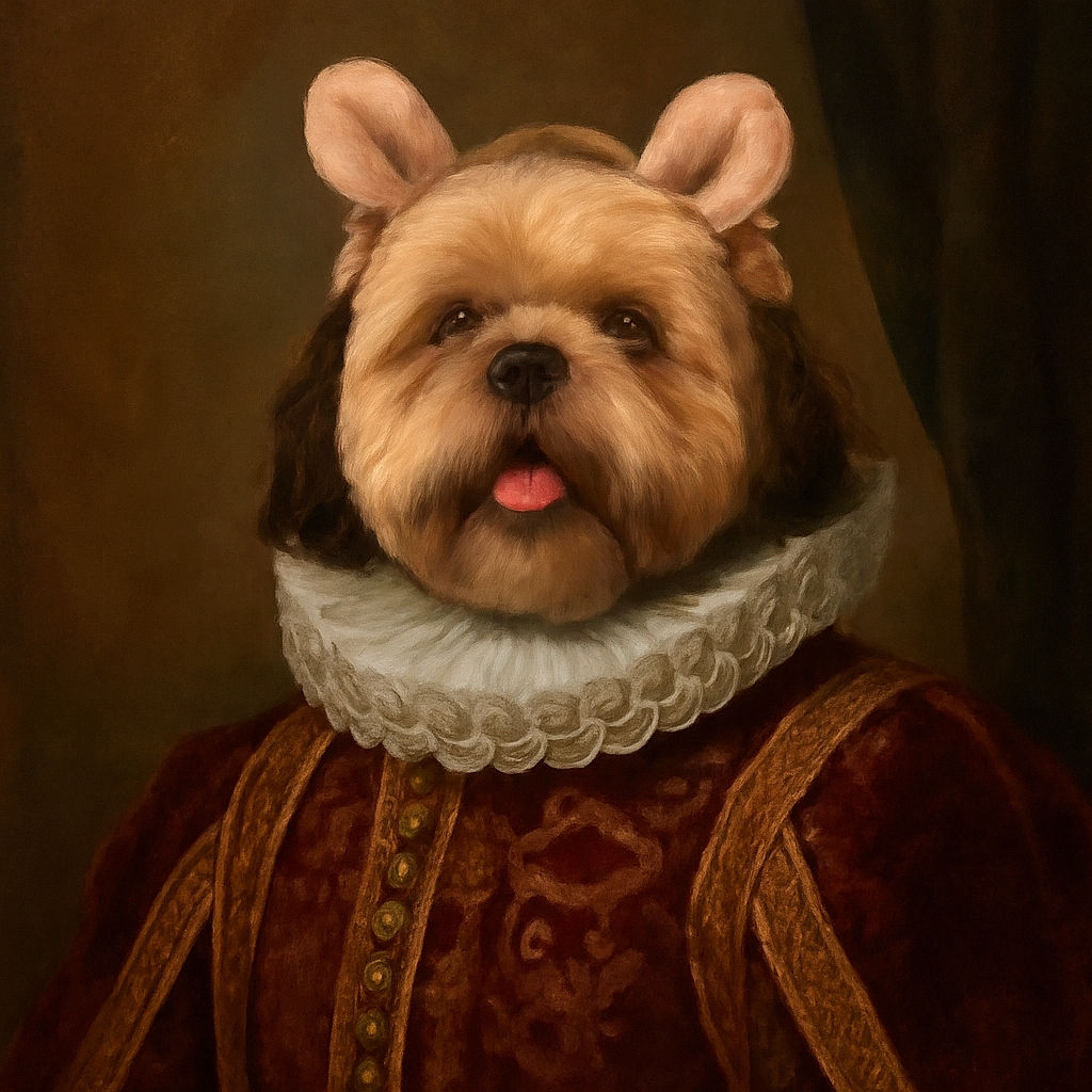 A cozy indoor scene where a fluffy dog wearing a bib and cute ear headband sits at a table with snacks, drinks, and a lit candle in the foreground, while a smiling woman with a tattoo looks on warmly, creating a charming and relaxed atmosphere.