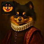 A stunning close-up portrait of a fluffy dog with glowing orange and black fur, its big round eyes sparkling like tiny lanterns in the dark, giving off an almost magical vibe.