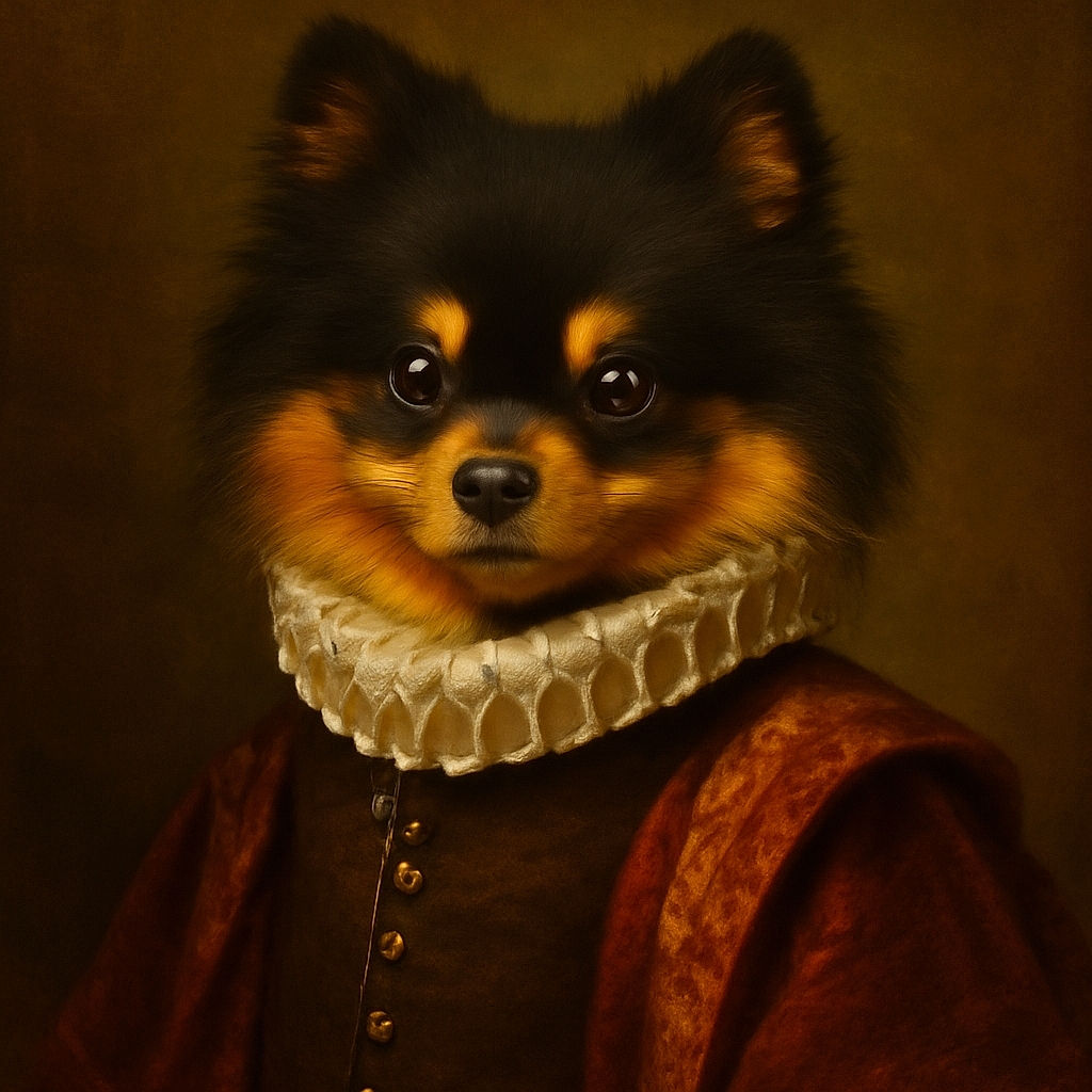 A stunning close-up portrait of a fluffy dog with glowing orange and black fur, its big round eyes sparkling like tiny lanterns in the dark, giving off an almost magical vibe.
