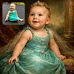 A cheerful baby in a turquoise dress sits happily on a black trampoline outdoors, with a playful background of grass, tires, and playground equipment.