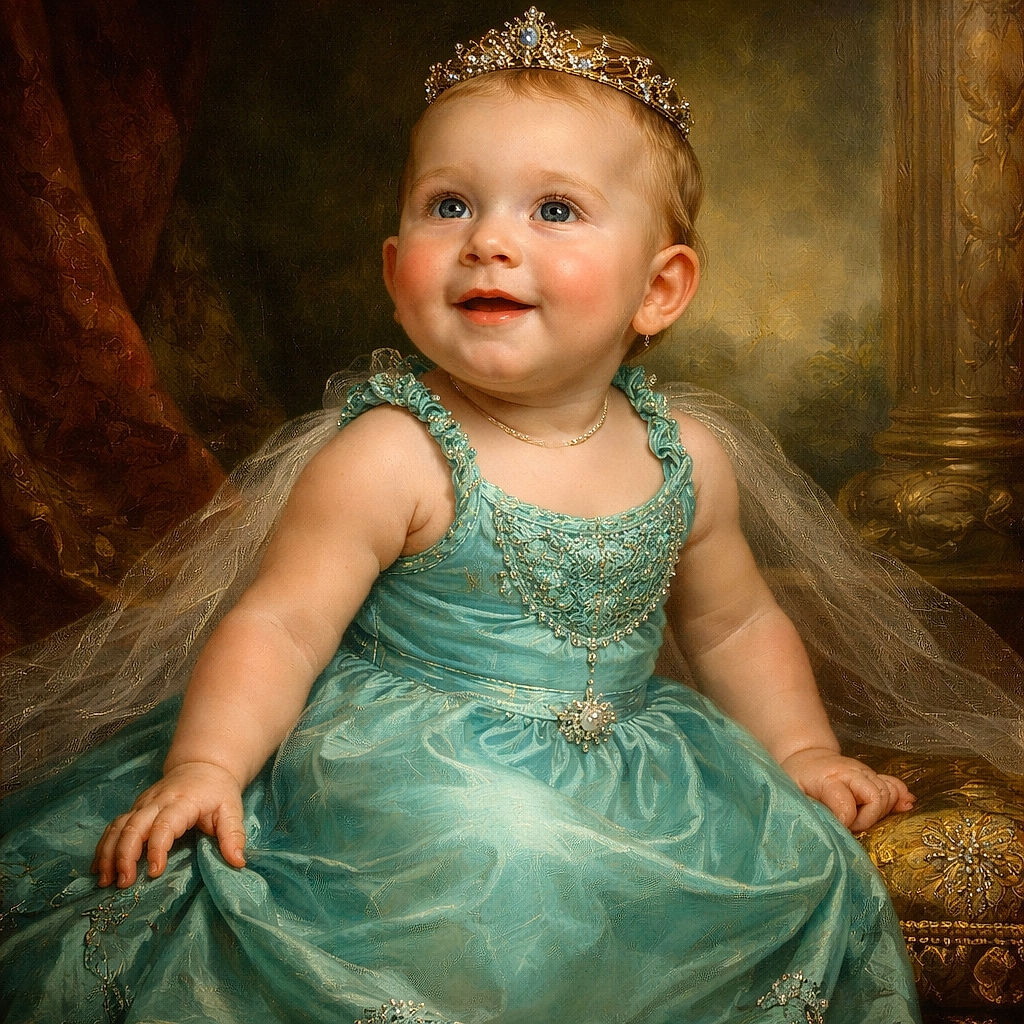 A cheerful baby in a turquoise dress sits happily on a black trampoline outdoors, with a playful background of grass, tires, and playground equipment.
