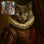 A fluffy gray cat with striking yellow-green eyes sits majestically on a wooden kitchen counter, surrounded by jars of nuts and kitchen utensils, giving off an air of quiet kitchen royalty.