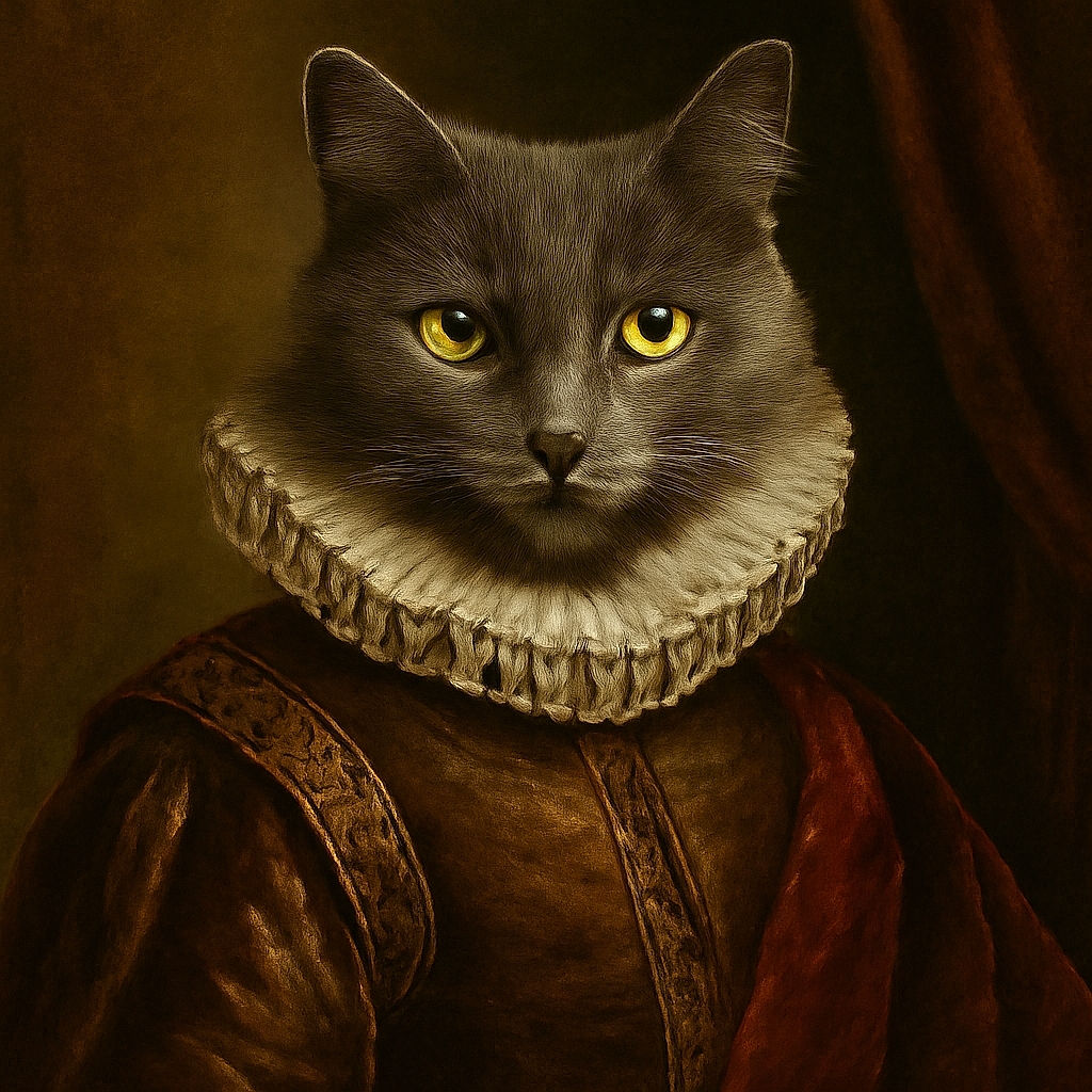A fluffy gray cat with striking yellow-green eyes sits majestically on a wooden kitchen counter, surrounded by jars of nuts and kitchen utensils, giving off an air of quiet kitchen royalty.