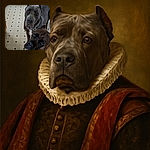 Two large dogs with soulful eyes look up expectantly on a tiled kitchen floor, one sporting a chain collar and the other a pink collar, both ready for whatever treat or adventure comes next.