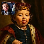 A candid close-up of a toddler in a car seat, cheekily sticking out their tongue with a small twig on it, showing a bit of messy face and a curious expression. The background is a car interior with some warning labels visible.