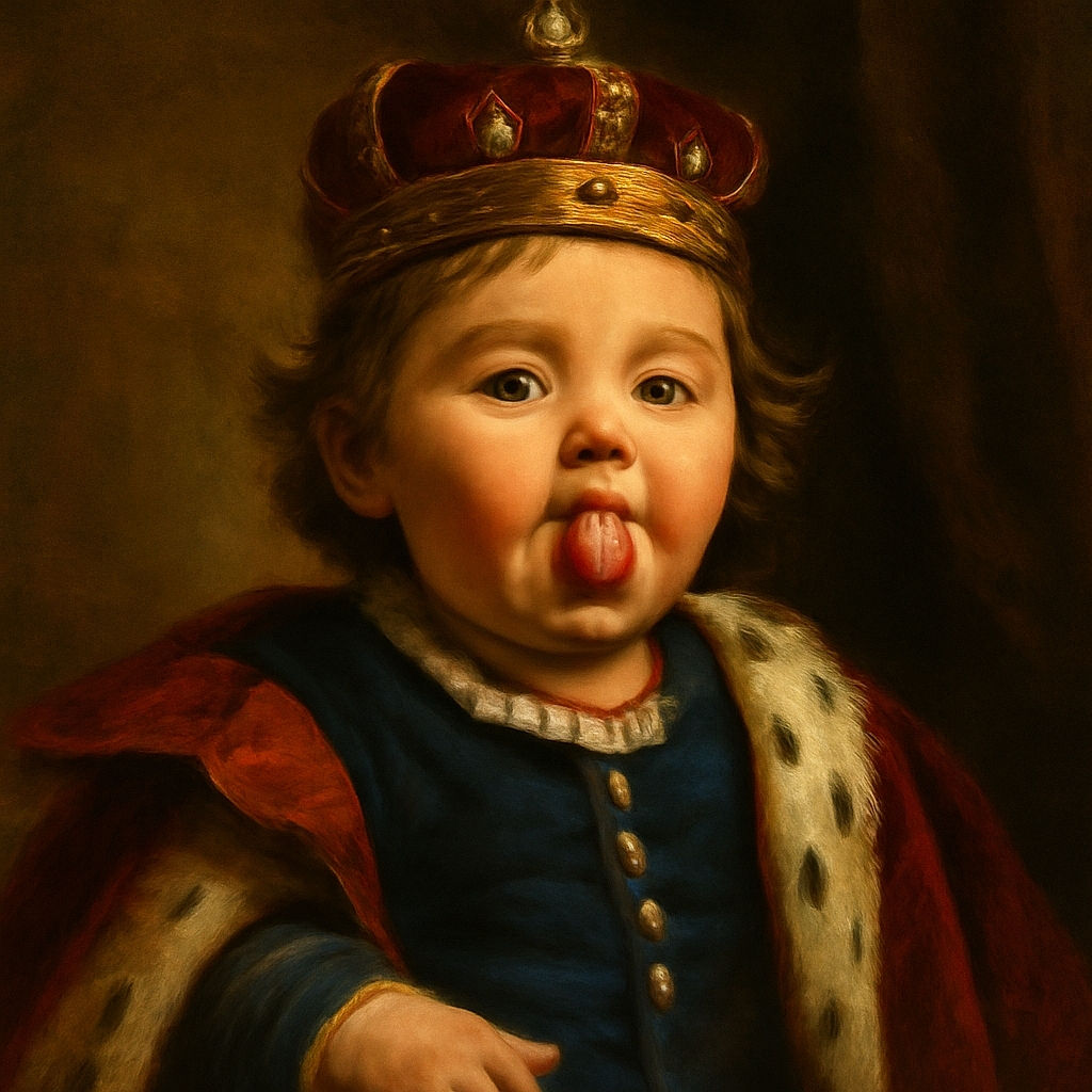A candid close-up of a toddler in a car seat, cheekily sticking out their tongue with a small twig on it, showing a bit of messy face and a curious expression. The background is a car interior with some warning labels visible.