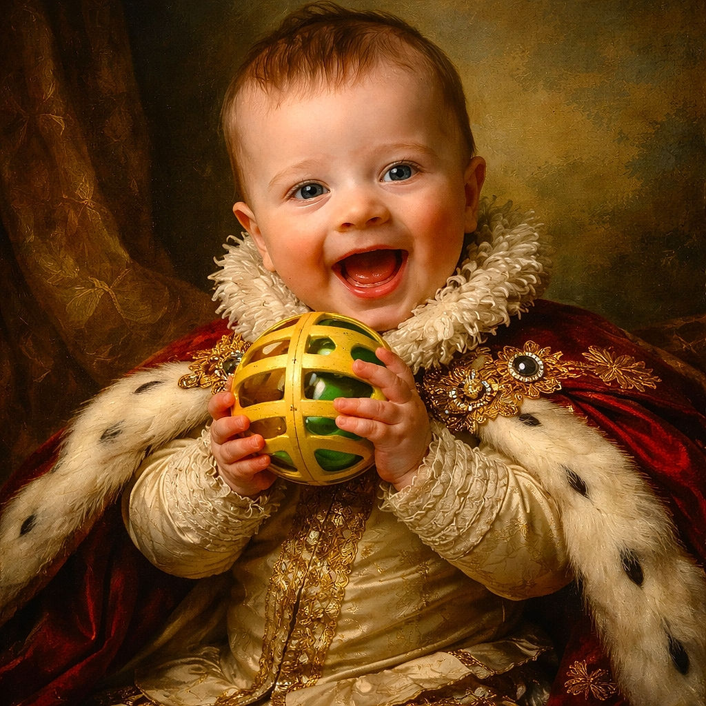 A joyful baby is happily chewing on a colorful toy ball while comfortably nestled in a vibrant blue cushion decorated with playful dinosaur patterns, surrounded by other bright toys and cozy blankets.
