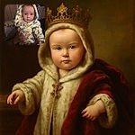 A curious baby wrapped in a cozy, colorful hooded outfit with dinosaur prints is being held gently by an adult hand, looking directly at the camera with wide eyes and a slight smile, set against a warm indoor background.