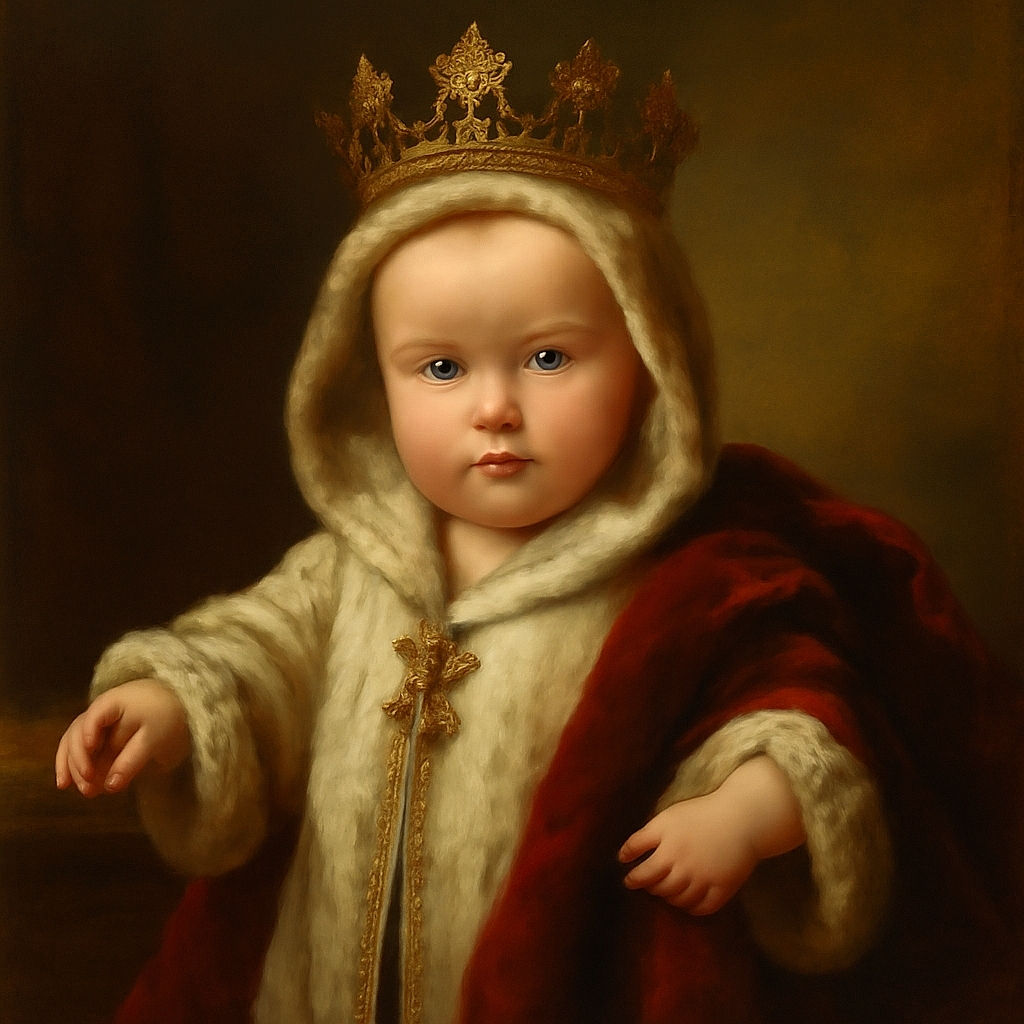 A curious baby wrapped in a cozy, colorful hooded outfit with dinosaur prints is being held gently by an adult hand, looking directly at the camera with wide eyes and a slight smile, set against a warm indoor background.