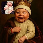 A joyful baby dressed in a cute giraffe-themed outfit and hat smiles widely while lying on a dark soft blanket, radiating pure happiness and innocence.