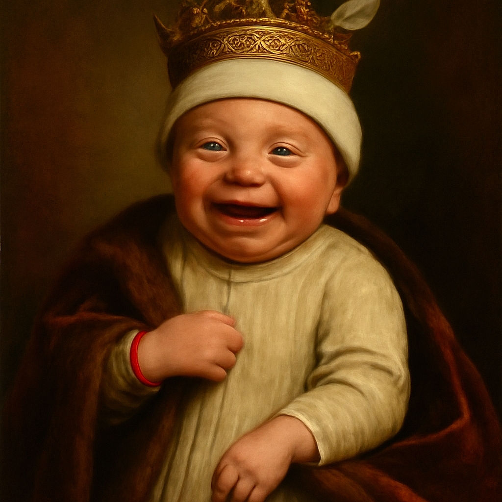 A joyful baby dressed in a cute giraffe-themed outfit and hat smiles widely while lying on a dark soft blanket, radiating pure happiness and innocence.