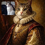 A regal tabby and white cat sits poised and dignified on a dark fabric surface, with a soft-focus brick wall background. The cat's green eyes gaze serenely ahead, and a delicate ornamental butterfly rests nearby, adding a whimsical touch to the cozy indoor scene.