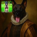 A happy Belgian Malinois dog sits proudly on a stone ledge in a lush green park, tongue out and ears perked, looking like the king of the forest with a perfect blend of sharp focus and vibrant natural colors.