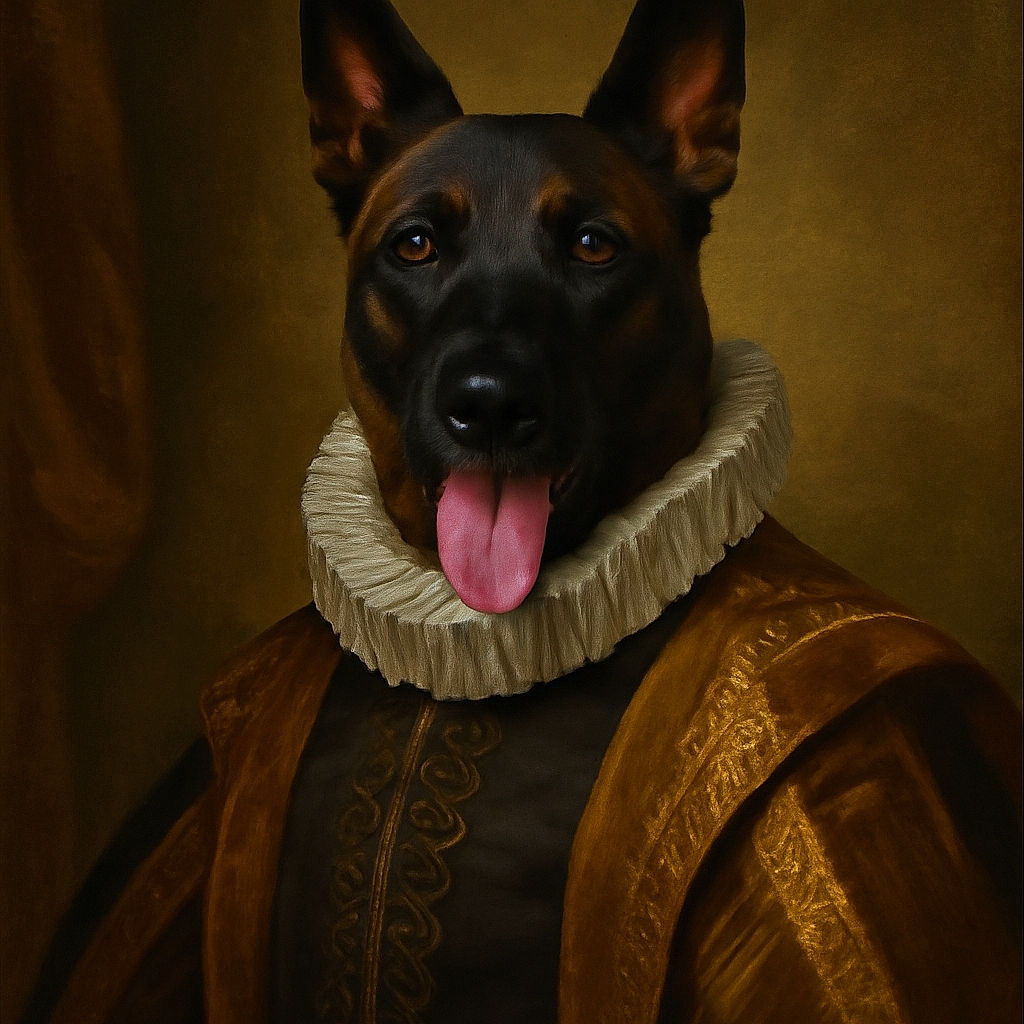 A happy Belgian Malinois dog sits proudly on a stone ledge in a lush green park, tongue out and ears perked, looking like the king of the forest with a perfect blend of sharp focus and vibrant natural colors.