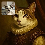 A close-up photo of a relaxed cat lying on a striped quilt, with a slightly blurred background of a beige wall and a door. The cat's face is centered but a bit out of focus, giving a cozy but casual snapshot vibe.