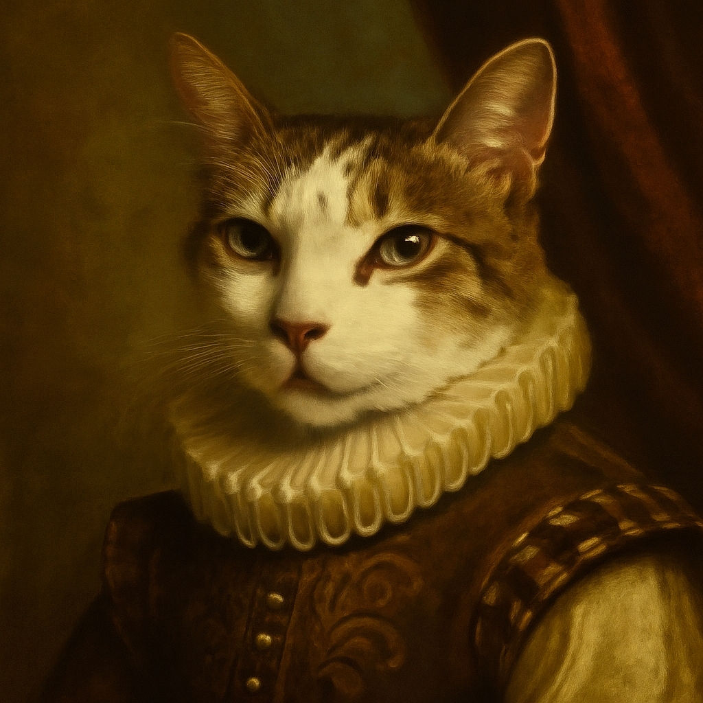 A close-up photo of a relaxed cat lying on a striped quilt, with a slightly blurred background of a beige wall and a door. The cat's face is centered but a bit out of focus, giving a cozy but casual snapshot vibe.