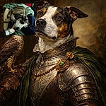 A floppy, big-eyed dog has commandeered the bed and is clearly winning at sleepy charm — a tattooed hand cups its chin like a royal subjects and the whole scene screams cozy domestic chaos with blankets, a remote, and an armchair as supporting cast.