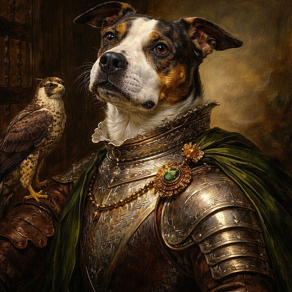 A floppy, big-eyed dog has commandeered the bed and is clearly winning at sleepy charm — a tattooed hand cups its chin like a royal subjects and the whole scene screams cozy domestic chaos with blankets, a remote, and an armchair as supporting cast.