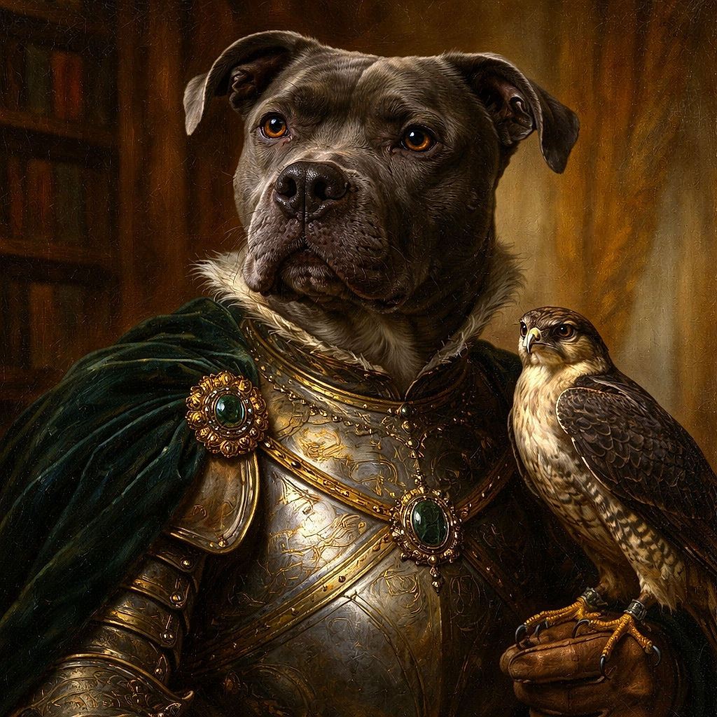 A soulful gray dog with white paws lounges on a cozy beige couch, gazing directly into the camera with a calm and thoughtful expression. The background features a softly lit room with plants and framed art, adding a warm and homey vibe.