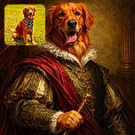 A happy golden retriever wearing a black bandana with bone patterns sits proudly on bright green grass, tongue hanging out and looking ready for a game of fetch in a sunny park.
