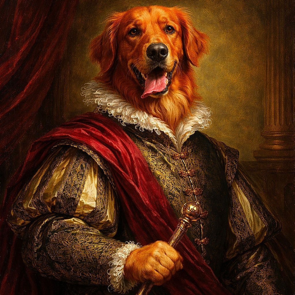 A happy golden retriever wearing a black bandana with bone patterns sits proudly on bright green grass, tongue hanging out and looking ready for a game of fetch in a sunny park.