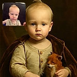 A toddler with a curious expression sits comfortably against a dark cushion, wearing a sleeveless shirt patterned with cars, clutching a plush fox toy, with soft natural lighting highlighting the innocence of the moment.