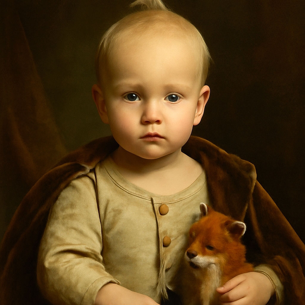 A toddler with a curious expression sits comfortably against a dark cushion, wearing a sleeveless shirt patterned with cars, clutching a plush fox toy, with soft natural lighting highlighting the innocence of the moment.