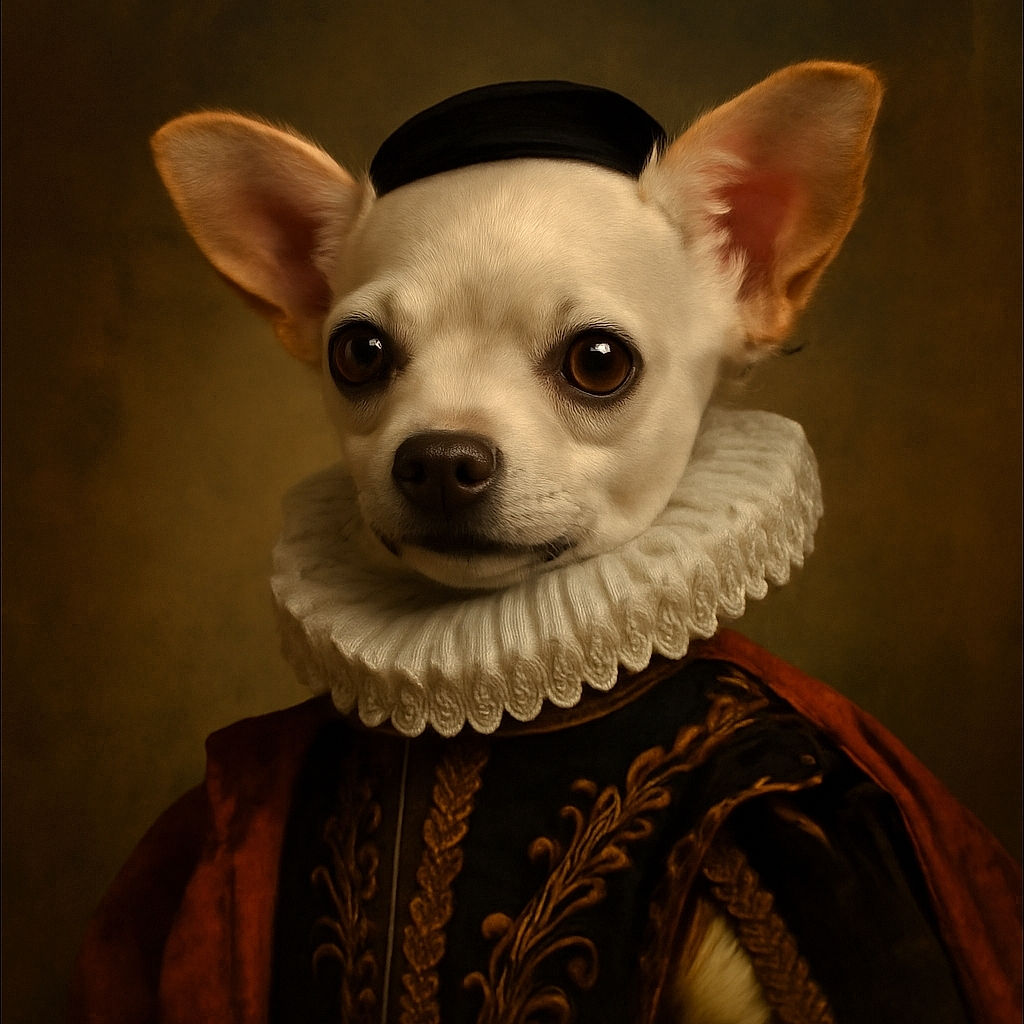 A close-up shot of a small white dog with large, shiny eyes and perky ears, sitting on a cozy blanket with soft patterns in the background. The dog's curious expression makes it look like it's ready to share a secret or ask for a treat.
