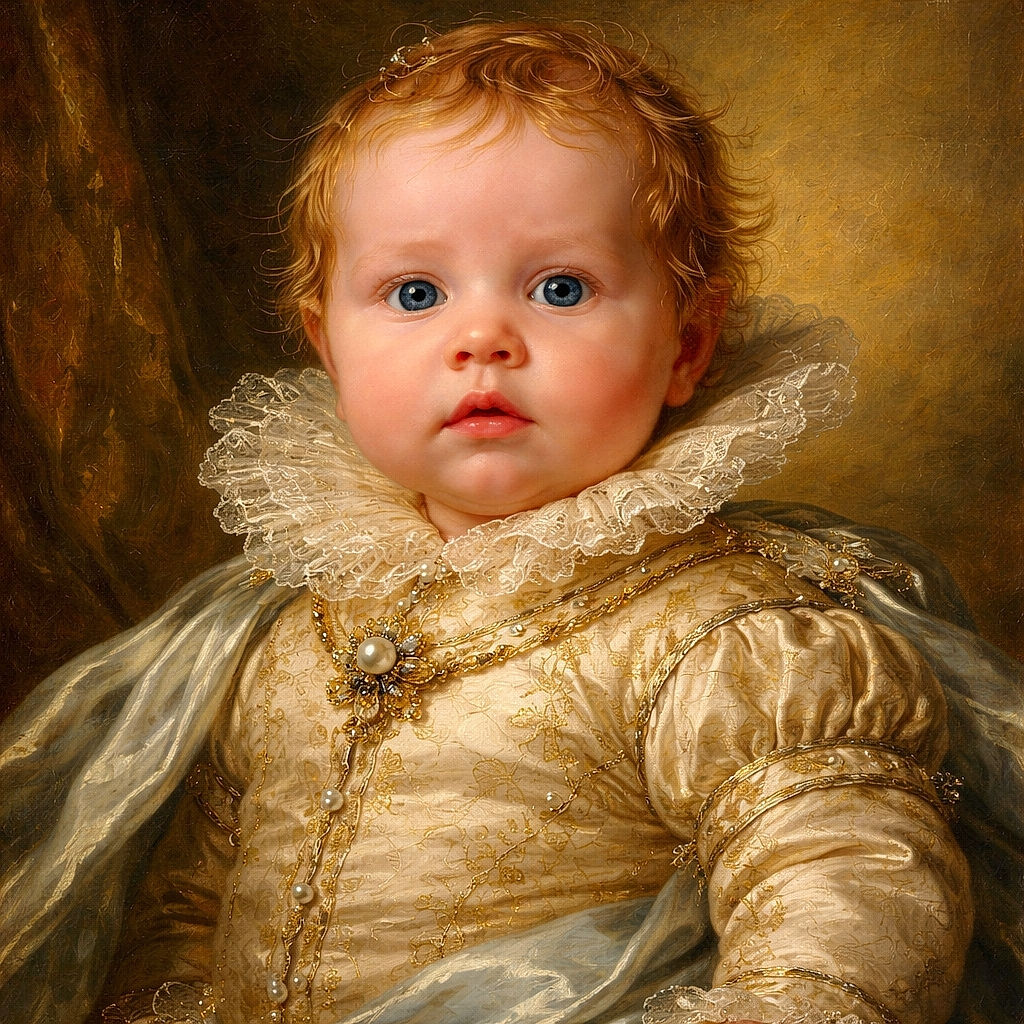 A chubby baby with wet hair is sitting in a small bathtub filled with water, looking curiously to the side with wide eyes and a slightly surprised expression against a plain wall background.