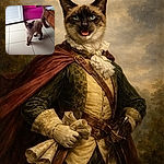 A sassy Siamese cat caught mid-meow like it's announcing dinner plans to the whole household — tail held high, whiskers forward, standing on tile in front of a bright pink sofa with a box and headphones lounging in the background.