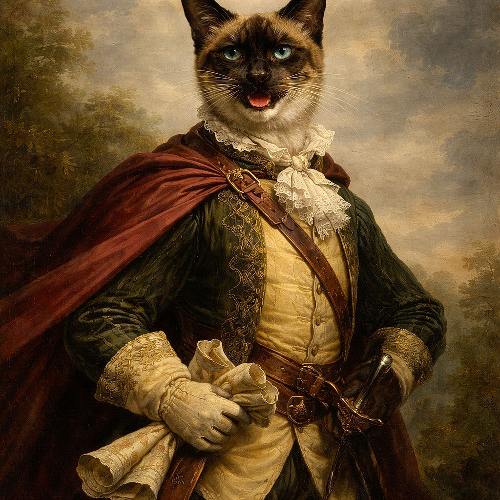 A sassy Siamese cat caught mid-meow like it's announcing dinner plans to the whole household — tail held high, whiskers forward, standing on tile in front of a bright pink sofa with a box and headphones lounging in the background.