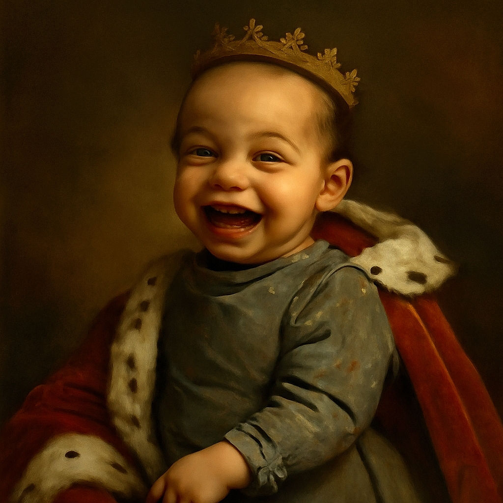 A close-up shot of a joyful baby wearing a grey polka dot onesie, smiling widely with bright eyes, held gently by a person wearing camouflage pants, with a soft carpet background and a small yellow toy in the corner.