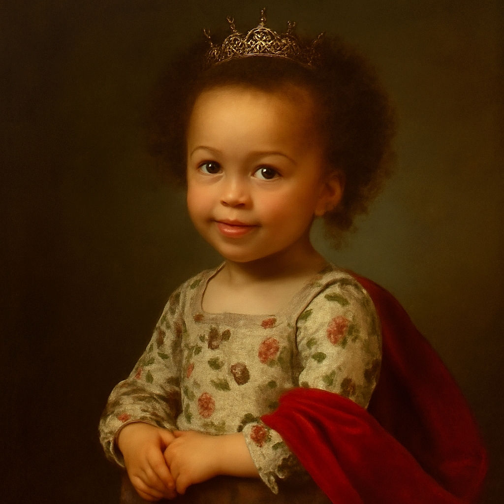 A curious toddler with bright blue eyes and curly hair is holding onto a mirror frame, gazing upwards with a mix of wonder and mischief. The reflection shows the child's profile, while the background features a cozy home setting with wooden floors and an adult's legs clad in plaid pants and slippers.