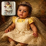 A cute baby lying comfortably in a patterned baby lounger, wearing a yellow outfit with a cream-colored dress and socks, looking curiously at the camera with a slight smile.