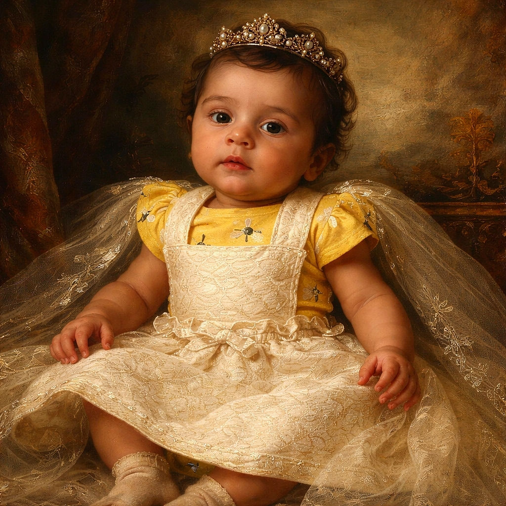 A cute baby lying comfortably in a patterned baby lounger, wearing a yellow outfit with a cream-colored dress and socks, looking curiously at the camera with a slight smile.