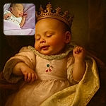 A peaceful newborn baby is cozily wrapped in a soft purple blanket, smiling gently in sleep like they're dreaming of candy clouds and lullaby tunes.