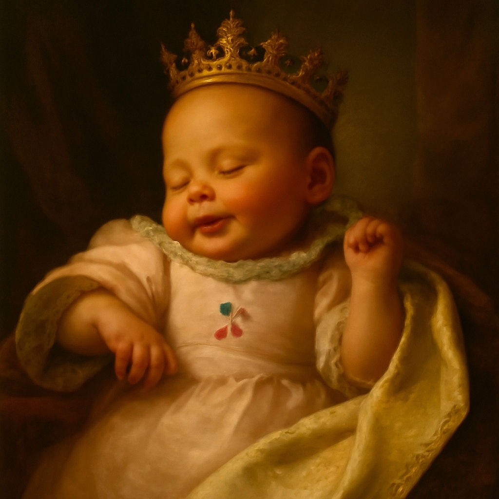 A peaceful newborn baby is cozily wrapped in a soft purple blanket, smiling gently in sleep like they're dreaming of candy clouds and lullaby tunes.